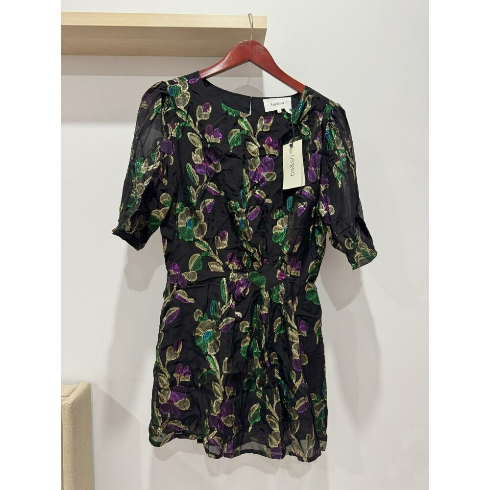 NWT ba&sh Womens S Black Floral Metallic Keyhole Anjy Printed Knotted Mini Dress